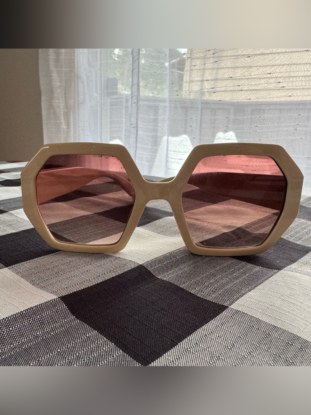 Free People Cream Hexagon Sunglasses with Pink Lenses